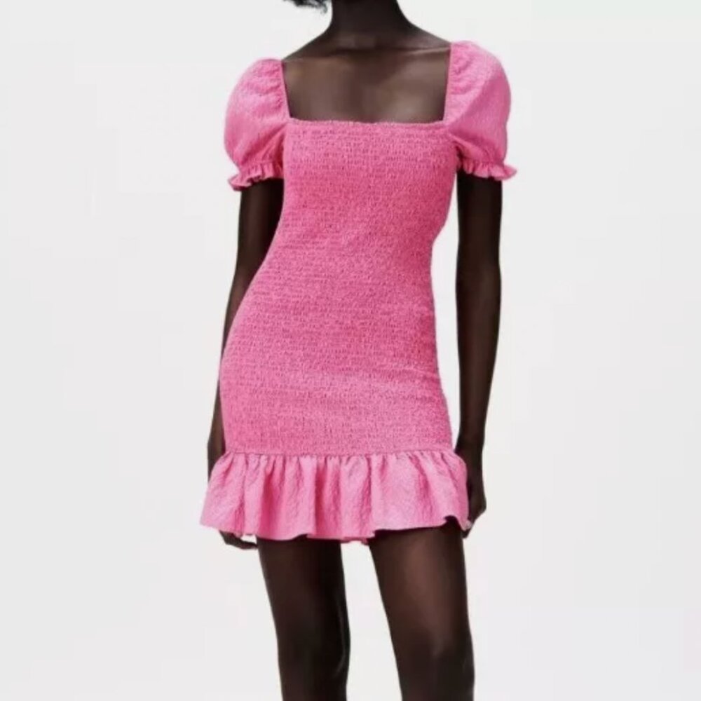 Zara Pink Textured Weave Ruffled Bodycon Dress